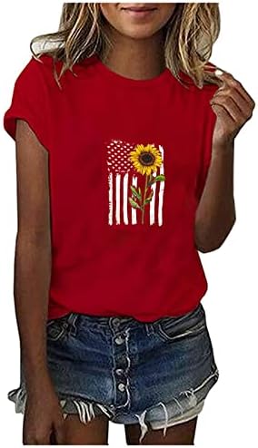 Bayan Yaz Kısa Kollu Üstleri 4th Temmuz Amerikan Bayrağı T-Shirt Rahat Yuvarlak Boyun Ayçiçeği Baskı Vatansever Gömlek