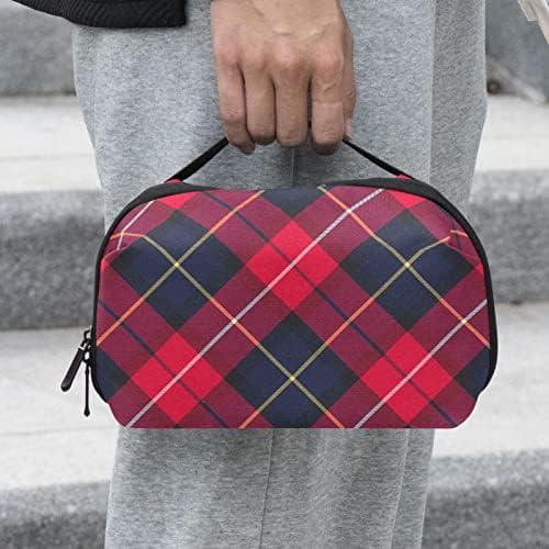 Kadınlar ve kızlar için kırmızı ekose makyaj çantası fermuarlı çanta seyahat kozmetik düzenleyici